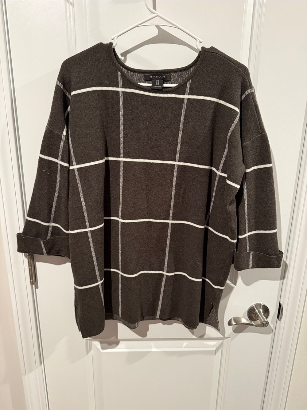 Tahari Brown Windowpane Knit Pullover